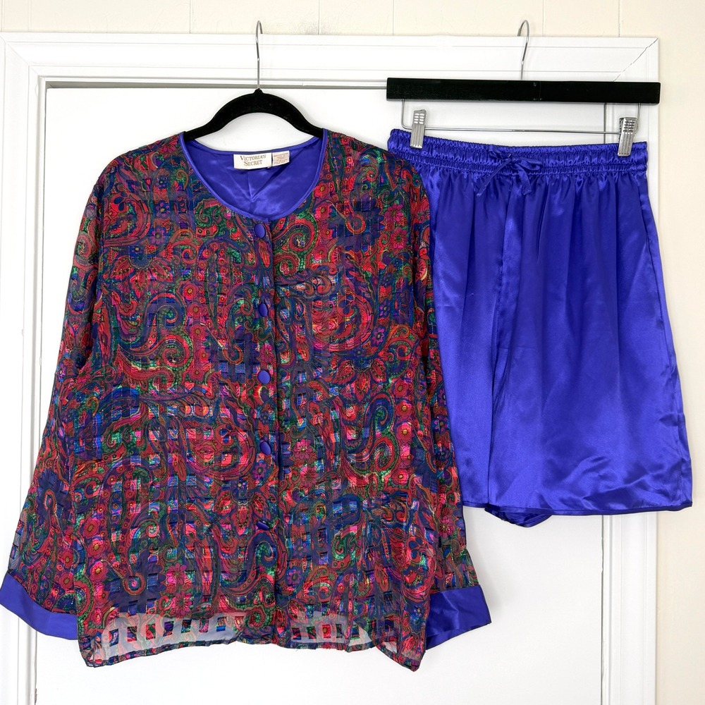 Vintage Victorias Secret Paisley Pajama Set Purple Satin Shorts Top Large